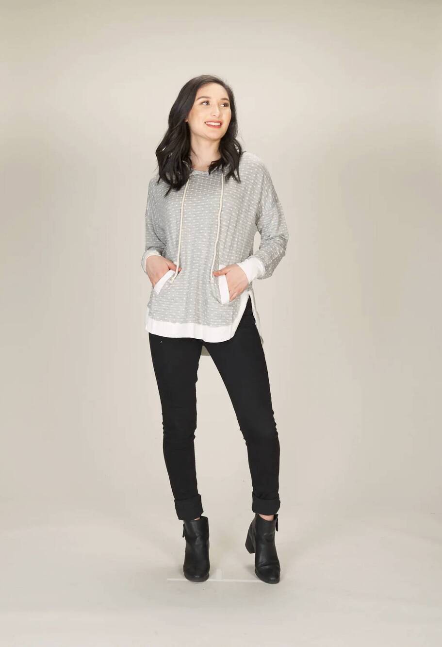 NEW PAPILLON brushed jersey polka dot hoody sweater in grey